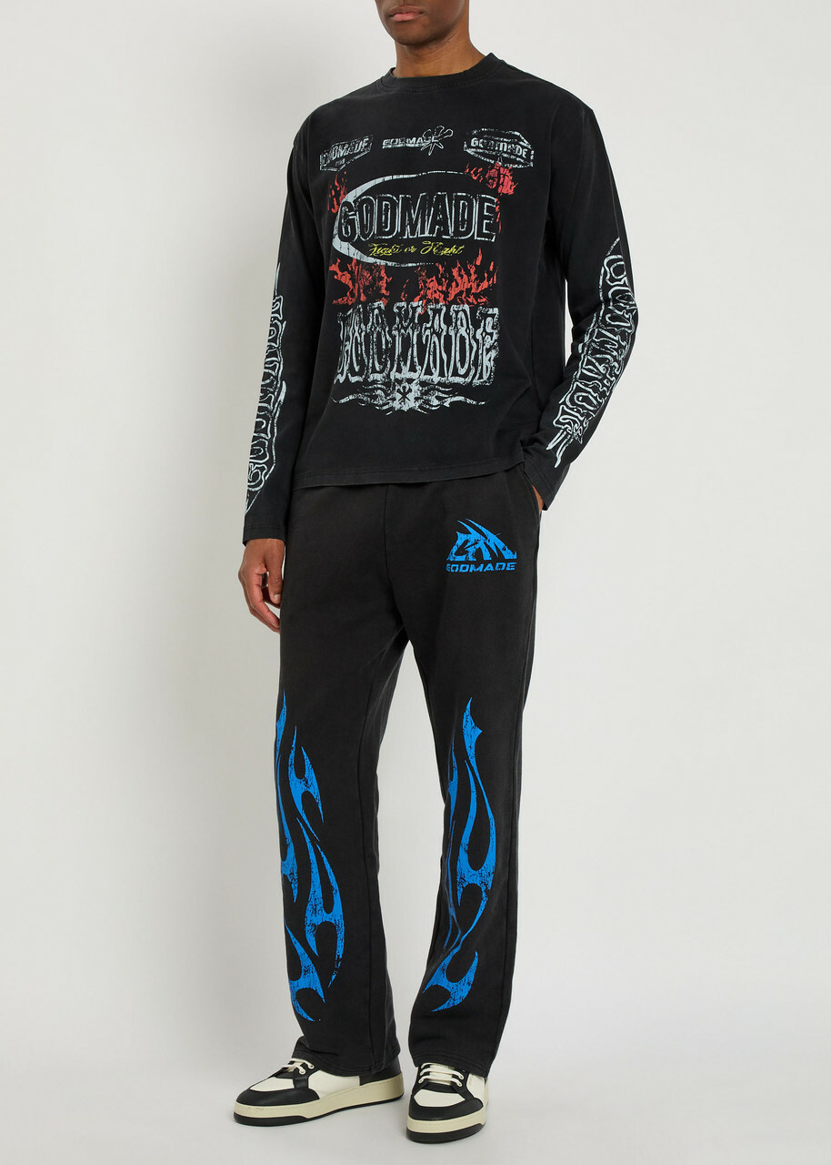 God Made Printed Straight-leg Cotton Sweatpants Black