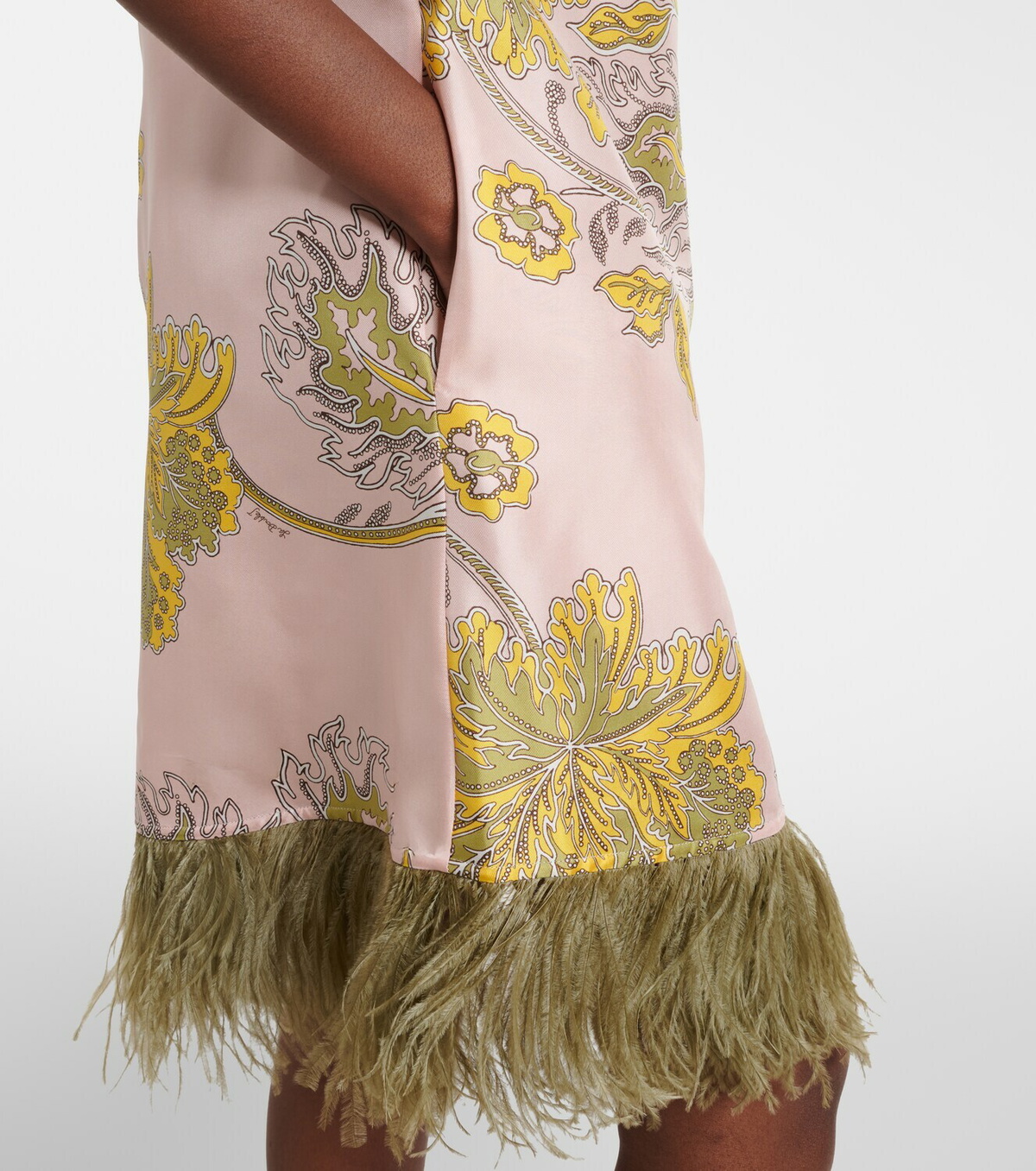 La DoubleJ Swing feather-trimmed floral silk twill minidress