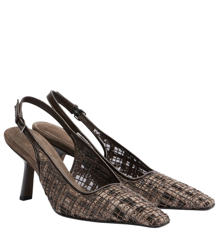 Photo: Brunello Cucinelli Beaded checked leather-trimmed slingback pumps