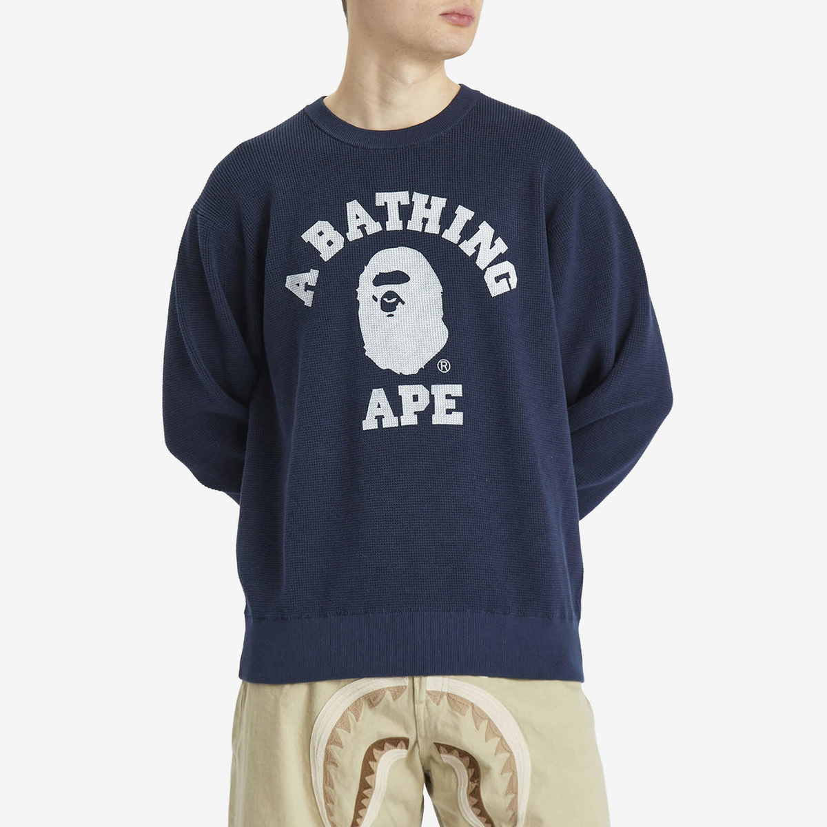 A Bathing Ape Men's College Waffle Crewneck Sweater in Navy