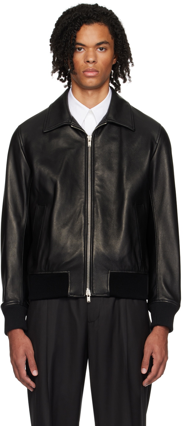 Lardini Black Zip Leather Bomber Jacket
