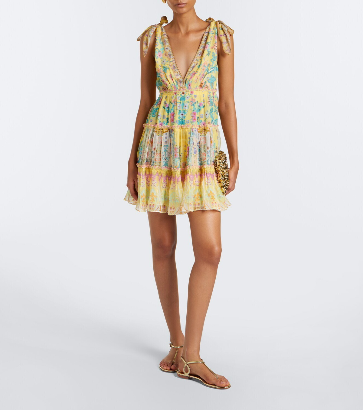Camilla Floral embellished tiered silk minidress