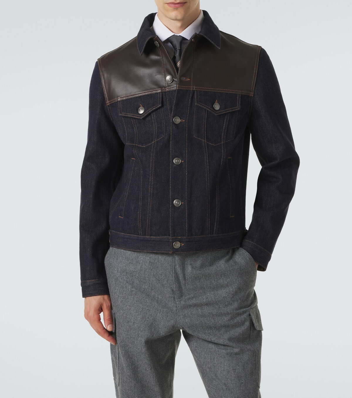 Brunello Cucinelli Leather-paneled denim jacket