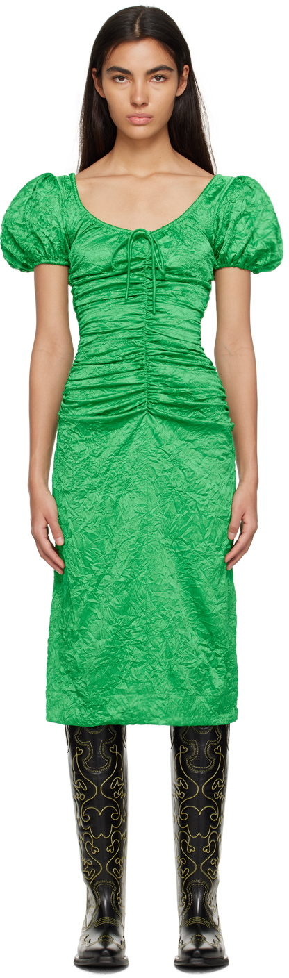 GANNI Green Crinkled Midi Dress GANNI