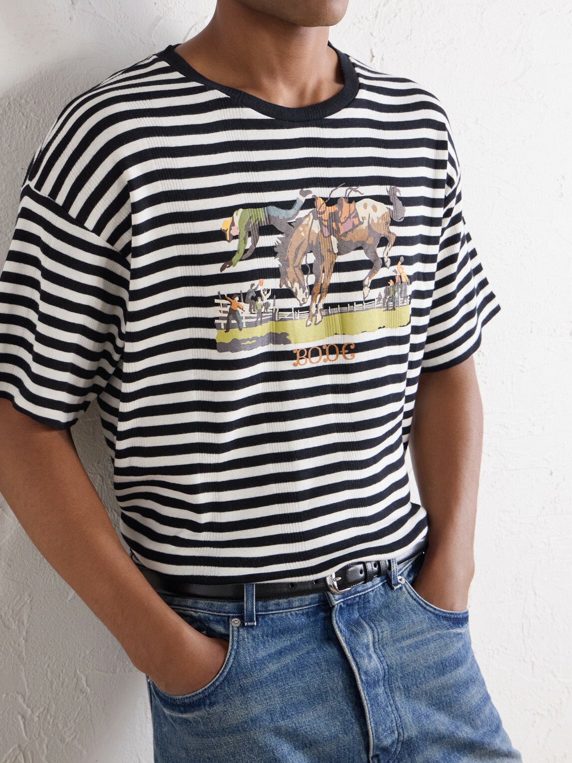 BODE - Printed Striped Ribbed Cotton-Jersey T-Shirt - Black