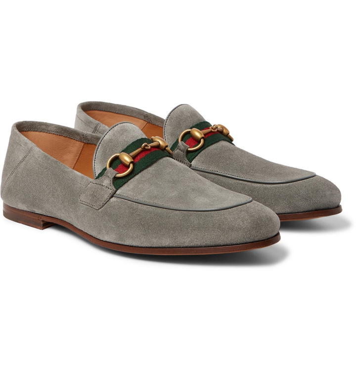 Photo: Gucci - Brixton Horsebit Webbing-Trimmed Collapsible-Heel Suede Loafers - Gray