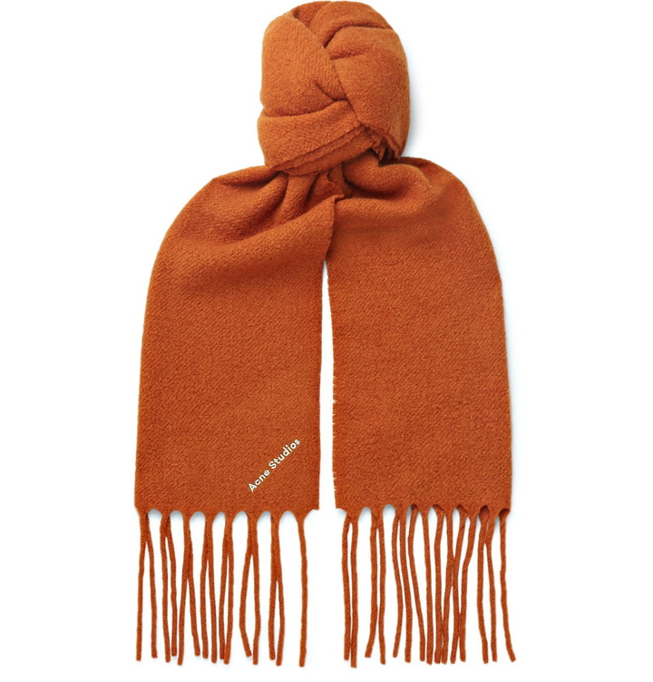 Photo: Acne Studios - Fringed Logo-Embroidered Boiled Wool-Blend Scarf - Orange