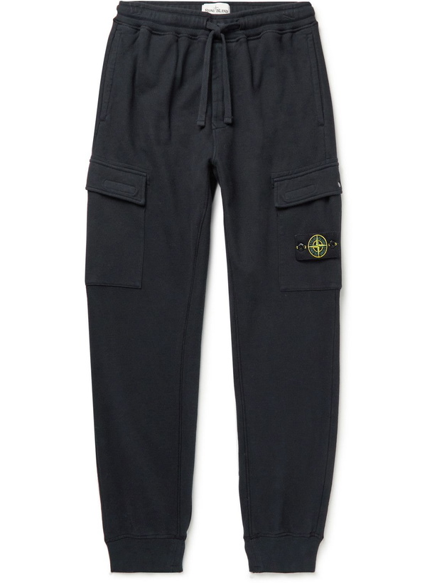 Photo: Stone Island - Slim-Fit Tapered Logo-Appliquéd Cotton-Jersey Cargo Sweatpants - Blue