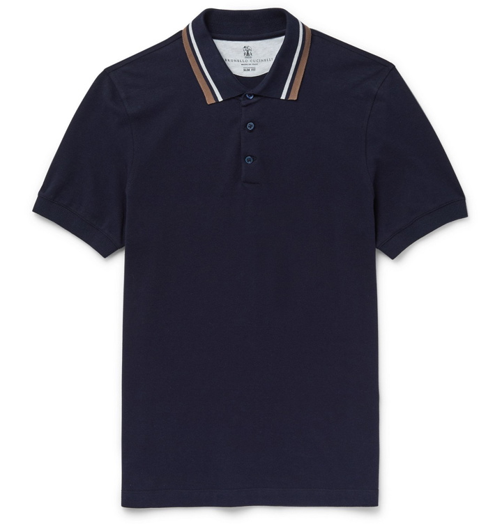 Photo: Brunello Cucinelli - Slim-Fit Contrast-Tipped Cotton-Piqué Polo Shirt - Blue