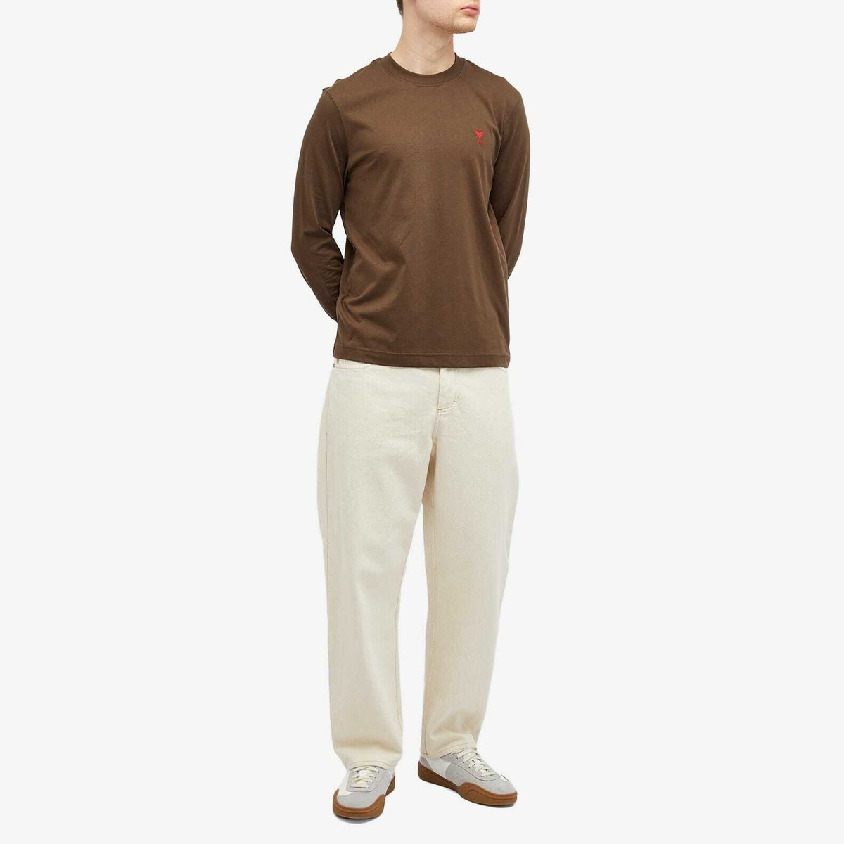 AMI Paris Men's Small A Heart Long Sleeve T-Shirt in Dark Coffee