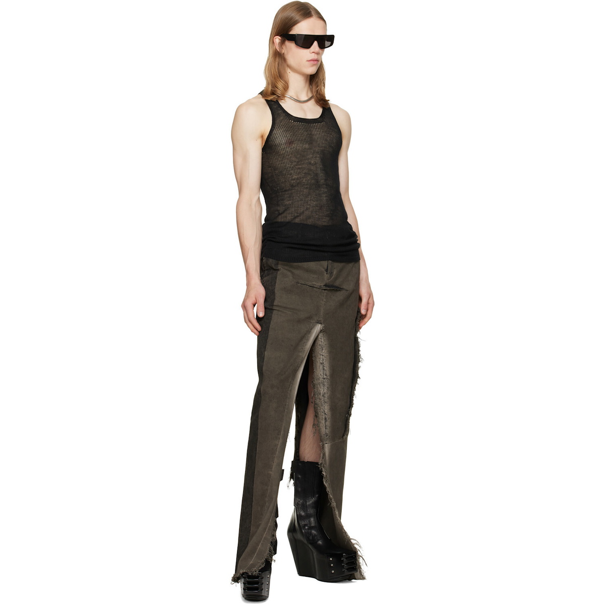 Rick Owens Gray Tower Sliced Denim Maxi Skirt