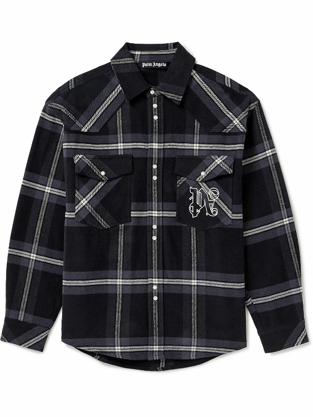 Photo: Palm Angels - Logo-Embroidered Checked Cotton-Flannel Overshirt - Black