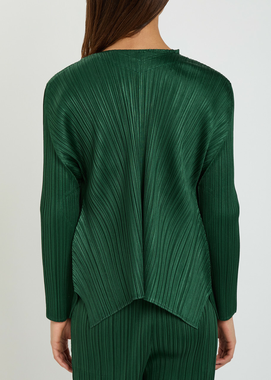 Pleats Please Issey Miyake Pleated Woven Cardigan Dark Green