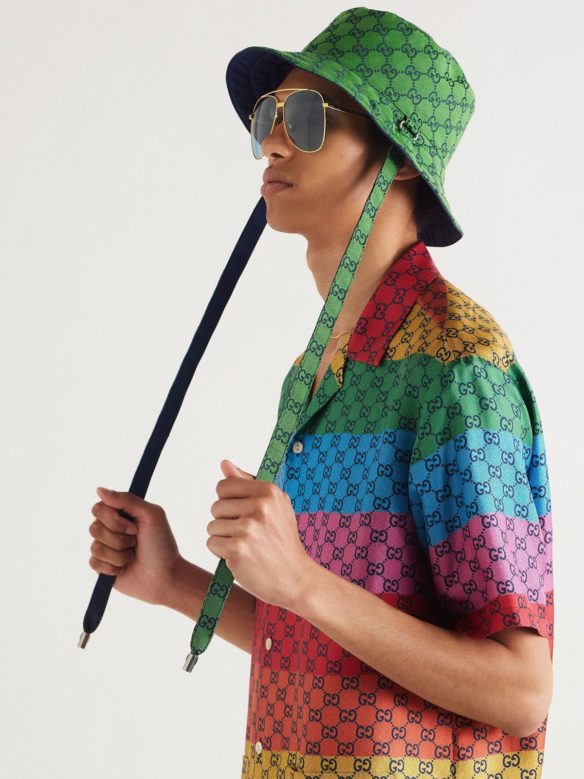 GUCCI Leather-trimmed cotton-blend jacquard bucket hat