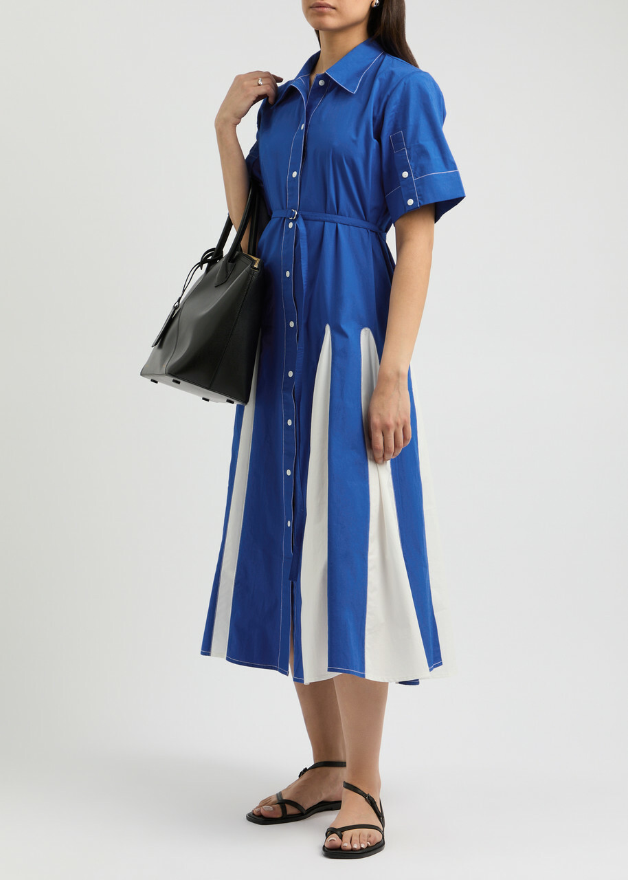 Lovebirds Colour-blocked Cotton-poplin Midi Shirt Dress Blue And White