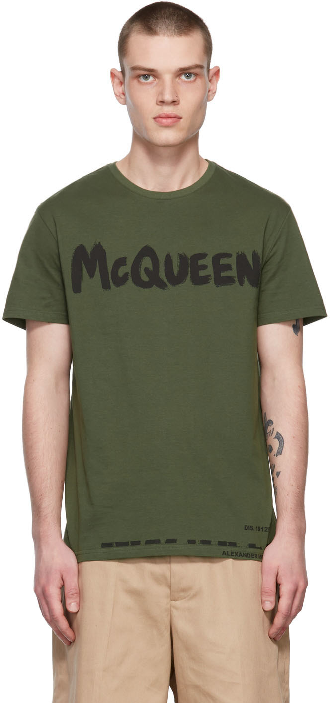 ■alexander mcqueen■ Graffiti McQueen T-Shirt Black Khaki 6 Alexander McQueen Men's McQueen Graffiti T-shirt in Black