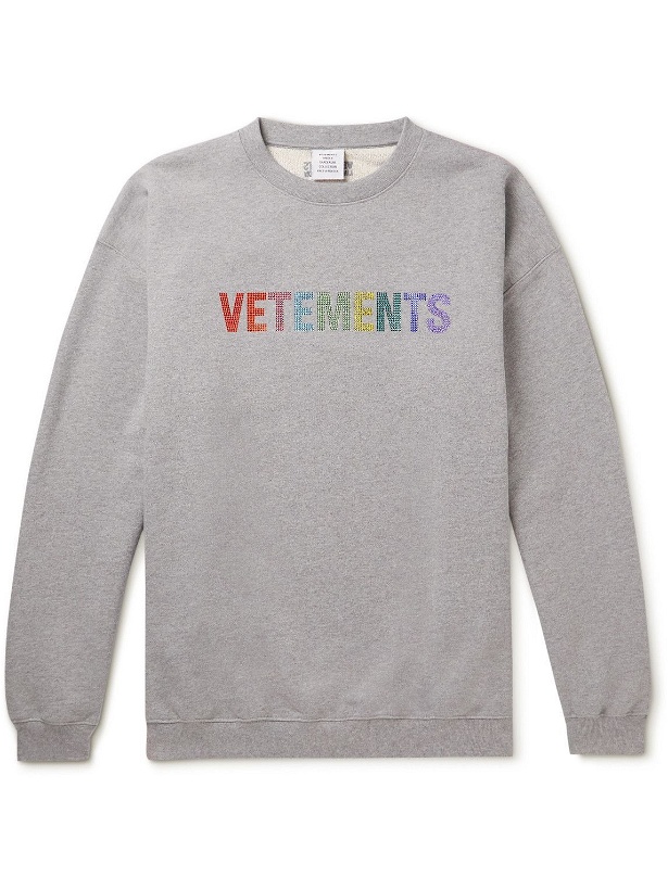 Photo: VETEMENTS - Crystal-Embellished Cotton-Blend Jersey Sweatshirt - Gray