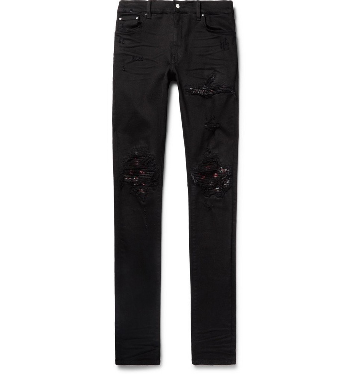 Photo: AMIRI - MX1 Skinny-Fit Bandana-Panelled Distressed Stretch-Denim Jeans - Men - Black