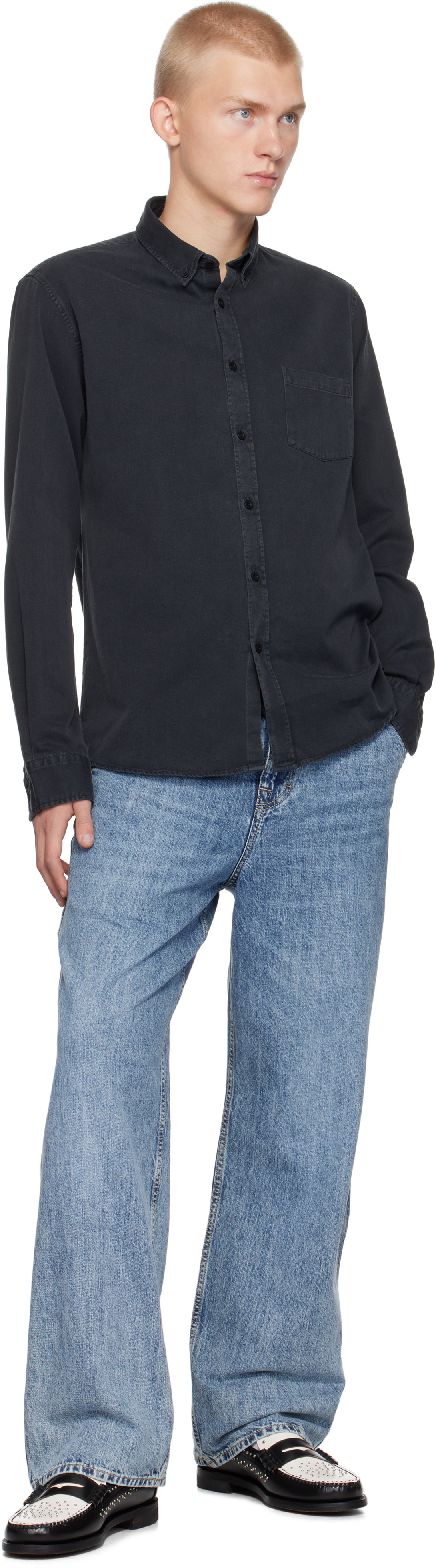 Sunspel Black Button-Down Denim Shirt