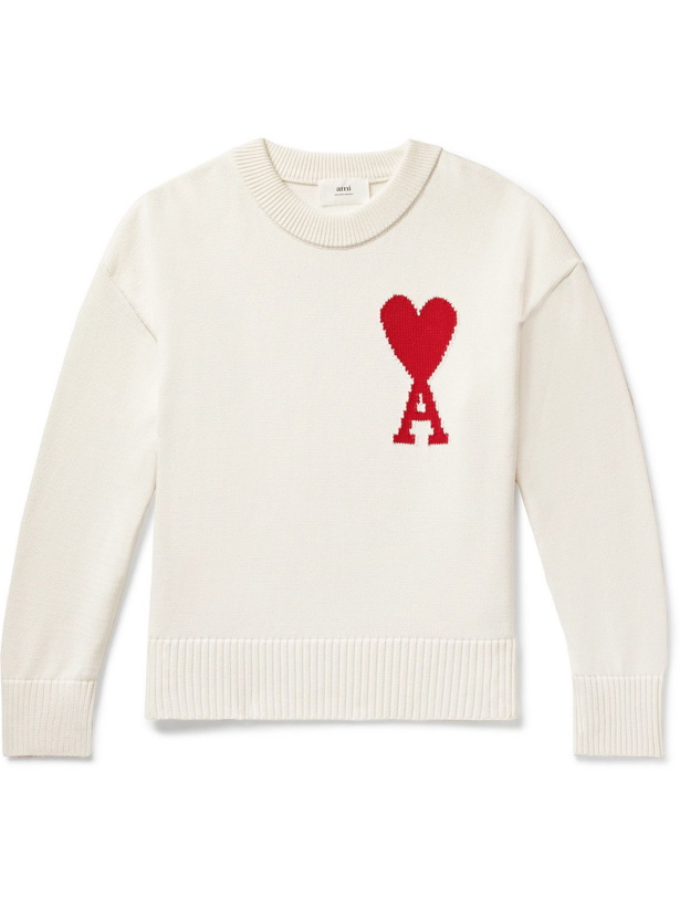 Photo: AMI PARIS - Logo-Intarsia Organic Cotton and Wool-Blend Sweater - White