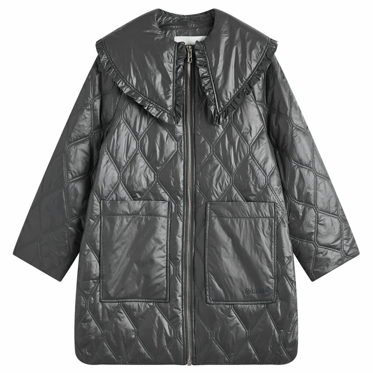 GANNI Women's Shiny Quilt Midi Jacket in Black Sand GANNI