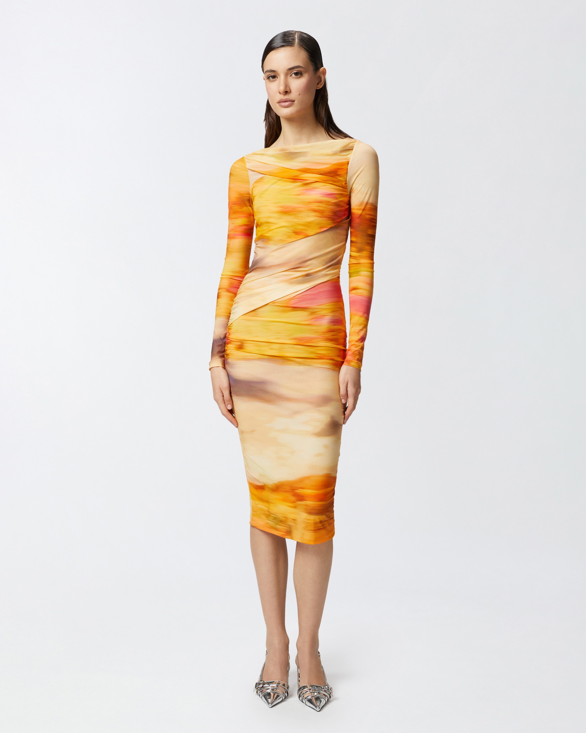 Pinko Slim Fit Midi Dress With Landscape Print Multi. Beige/Pink
