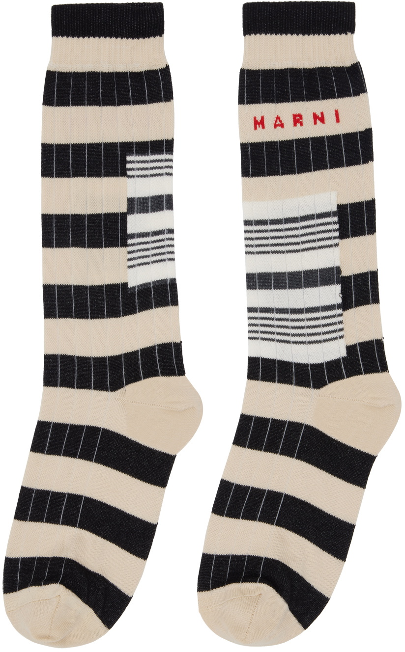 Marni Beige & Black Contrast Stripes Socks