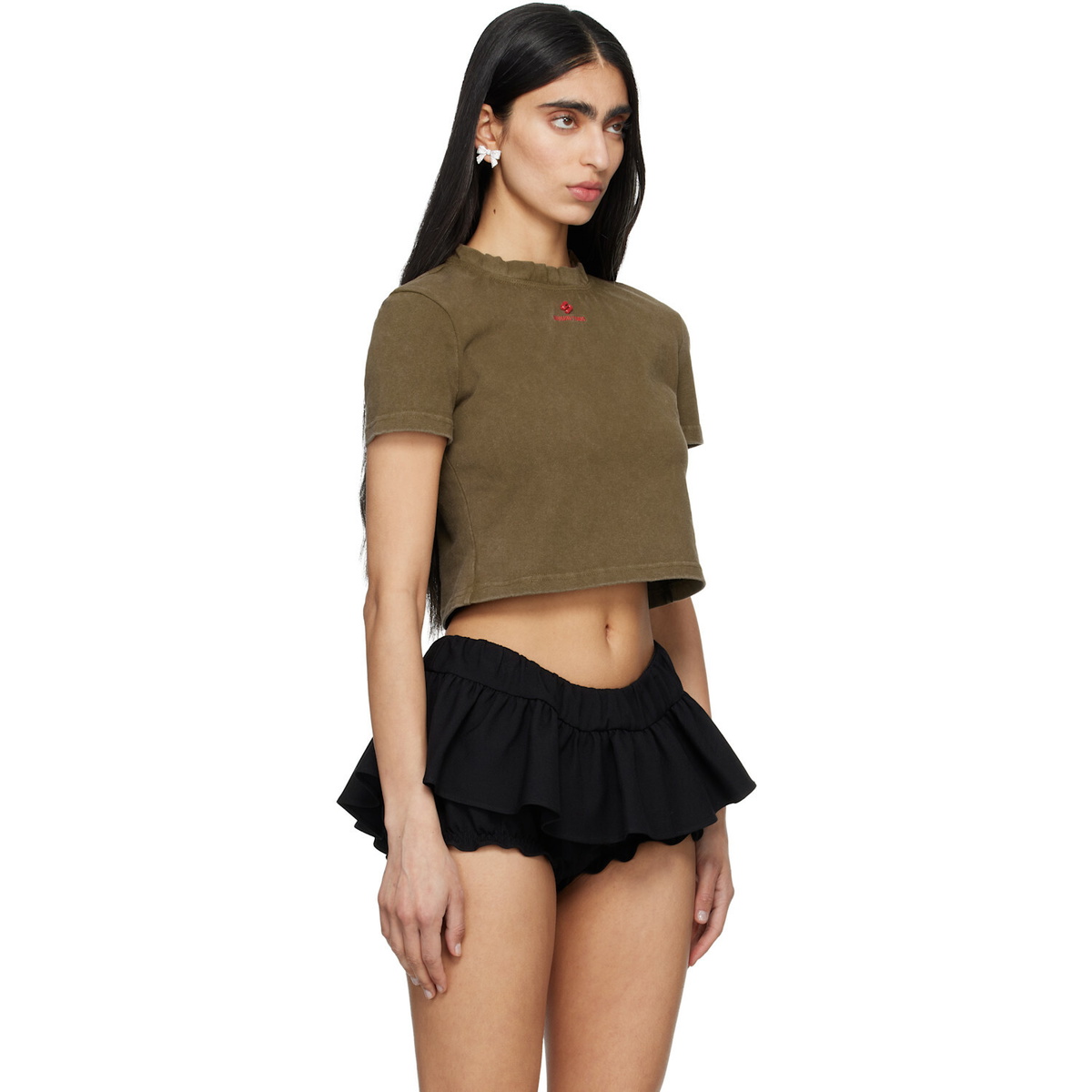 SHUSHU/TONG Khaki Wave Lace Collar T-shirt