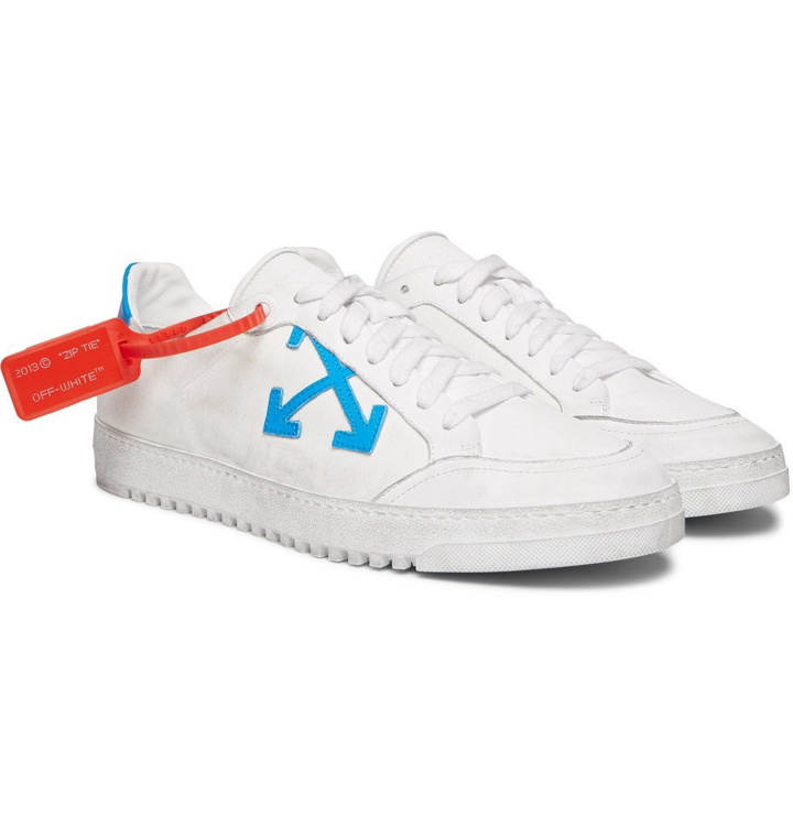 Photo: Off-White - Distressed Leather-Trimmed Canvas Sneakers - Men - White