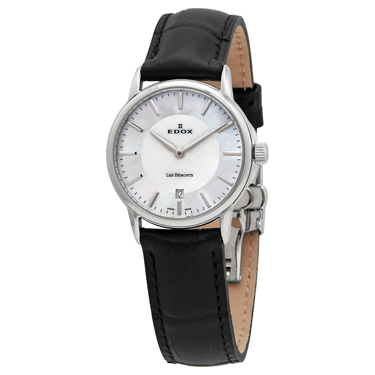 Edox Les Bemonts Mother of Pearl Dial Black Leather Ladies Watch 57001 3 NAIN