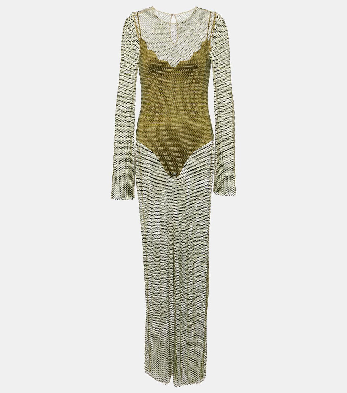 chinese dress ladies Long Sleeve Maxi Dress with Draped Overlay and Crystal Waist Trim main image 0