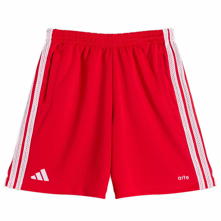Photo: Adidas Men's x Arte 3-Stripe Shorts in Better Scarlet