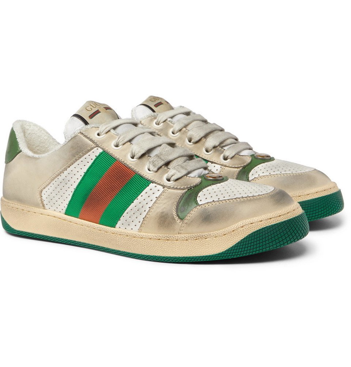 Photo: Gucci - Virtus Distressed Leather and Webbing Sneakers - Off-white