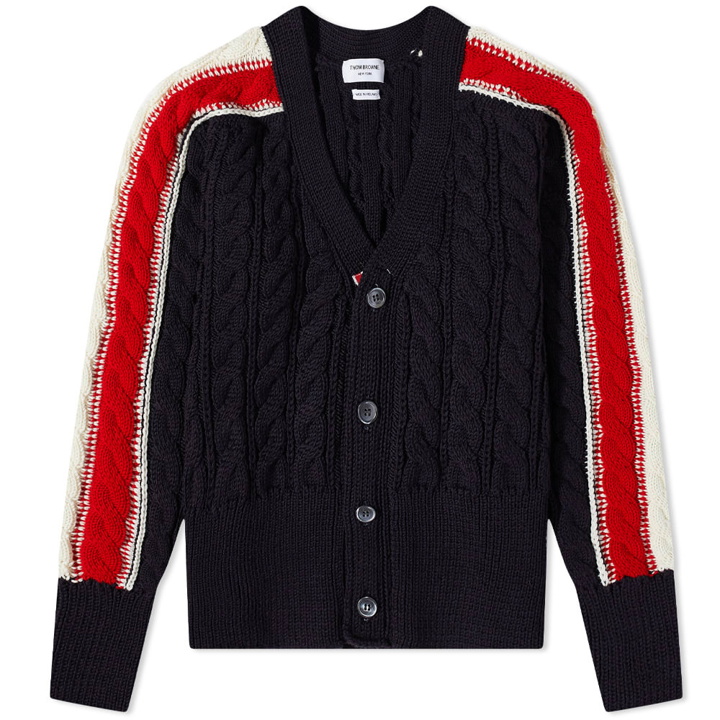 Photo: Thom Browne Men's Tricolour Sleeve Stripe Cable Knit Cardigan in Navy