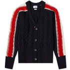 Thom Browne Men's Tricolour Sleeve Stripe Cable Knit Cardigan in Navy