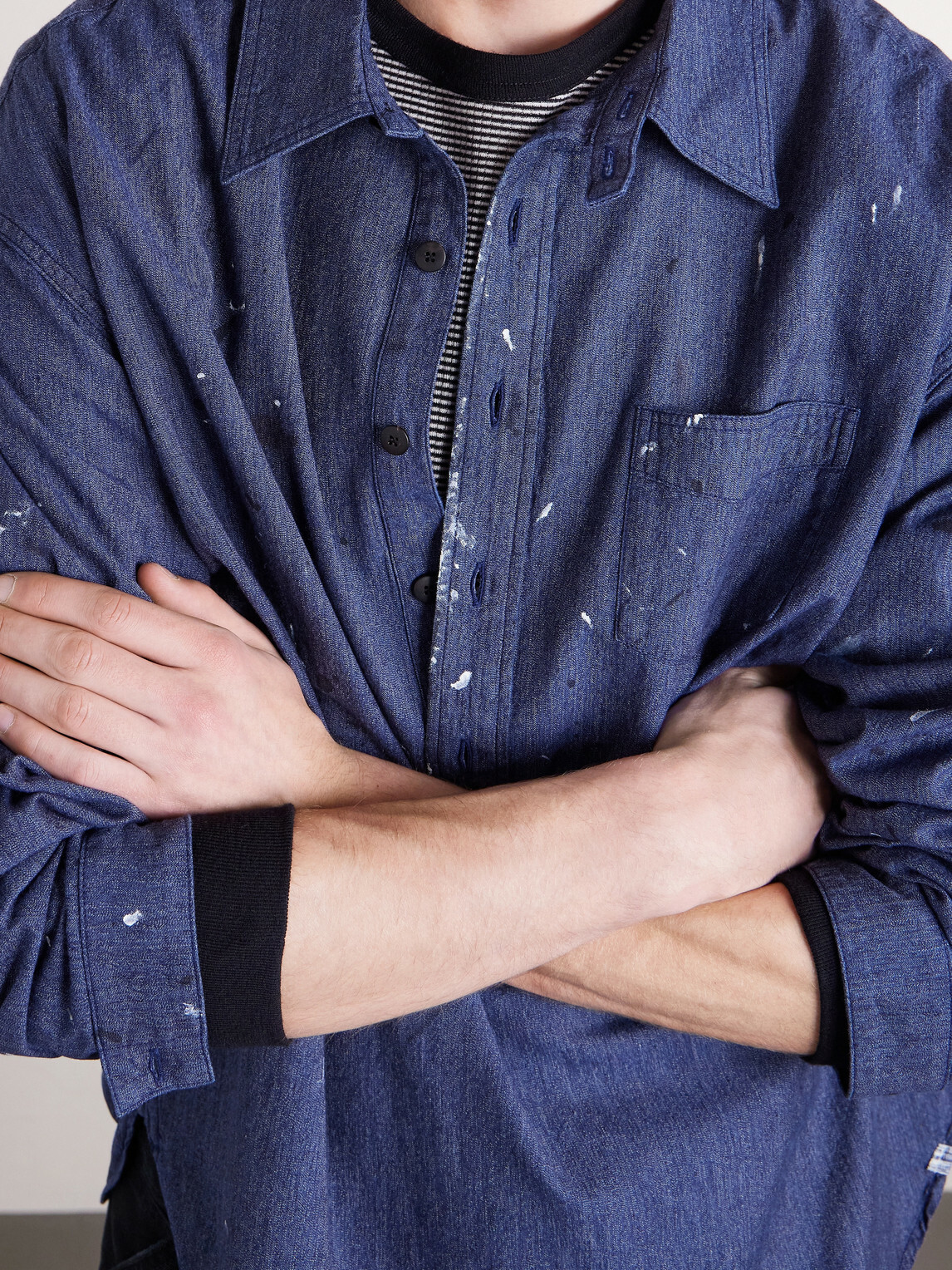 Visvim - Paint-Splattered Cotton and Silk-Blend Chambray Shirt - Blue