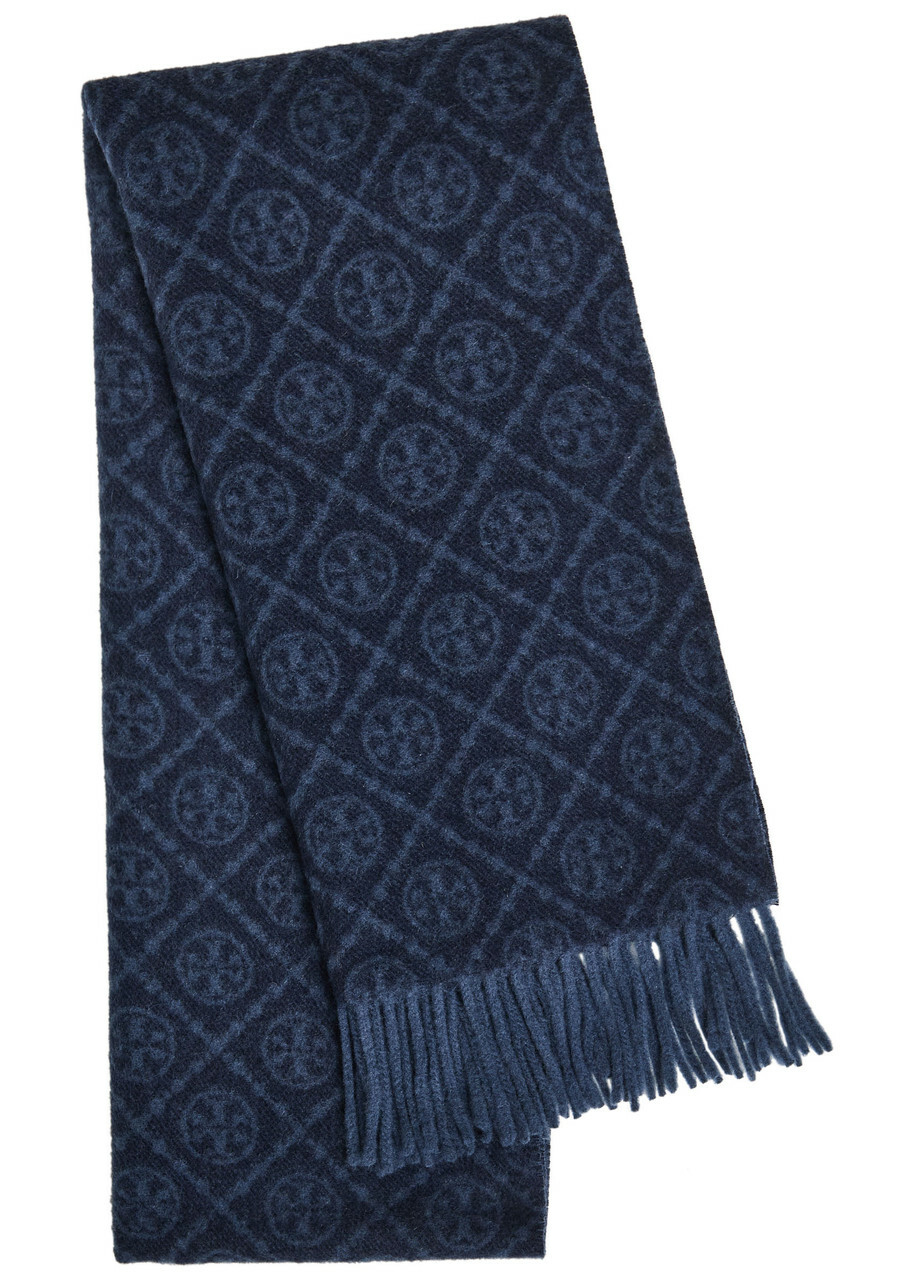 Tory Burch Logo-monogrammed Wool and Cashmere-blend Scarf - Navy - One Size