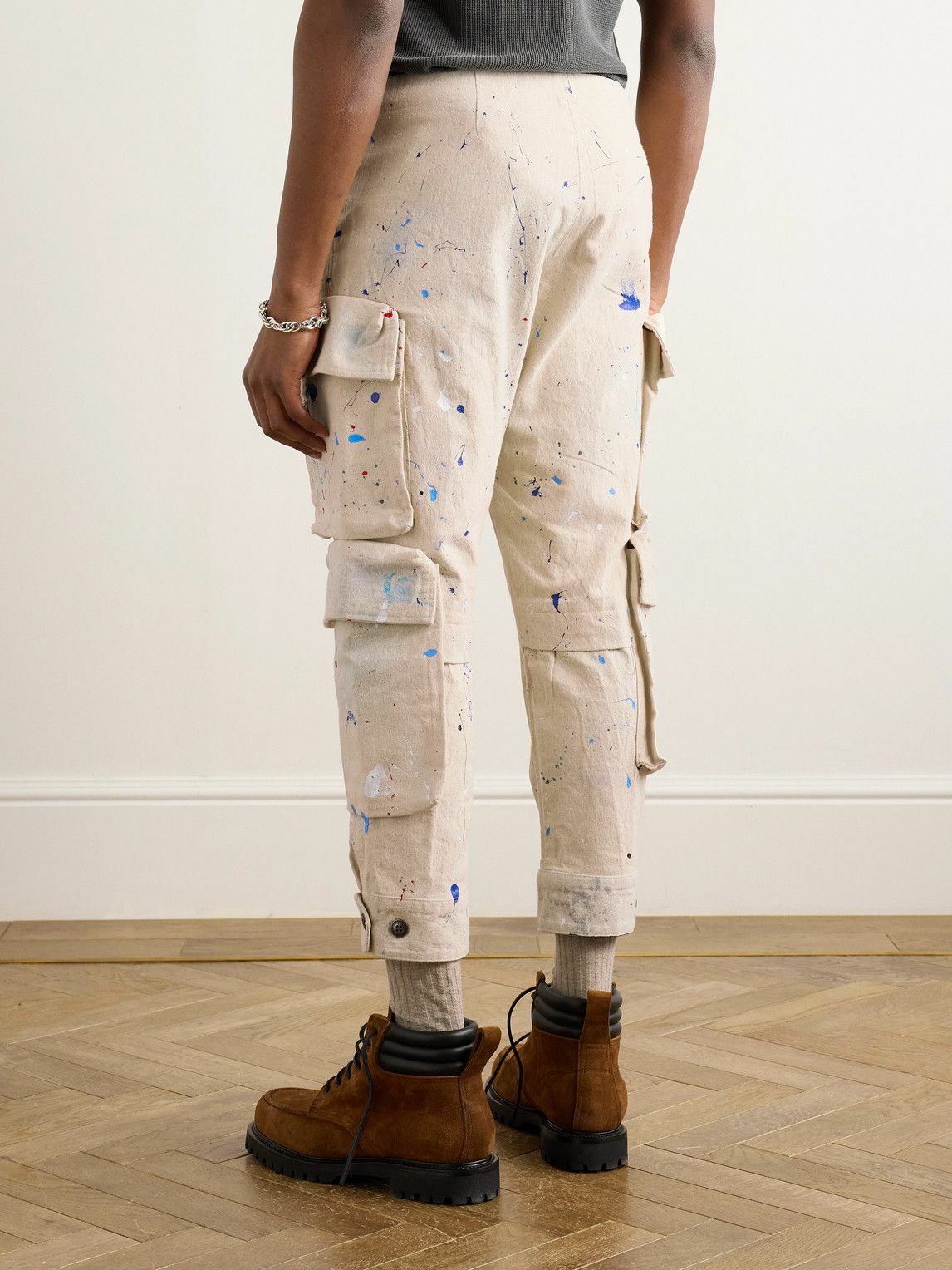 Greg Lauren - Tapered Cropped Paint-Splattered Cotton-Canvas Drawstring Cargo Trousers - Neutrals