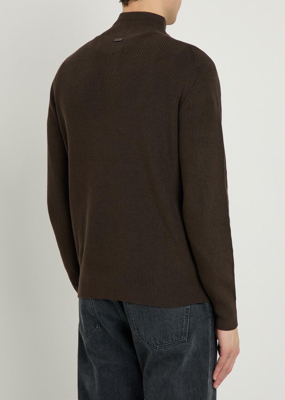Tods Ribbed Half-zip Silk and Cotton-blend Jumper Brown