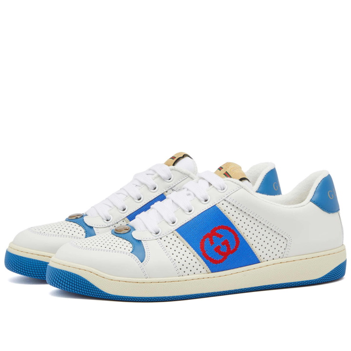 Photo: Gucci Men's Screener Sneakers in White/Blue
