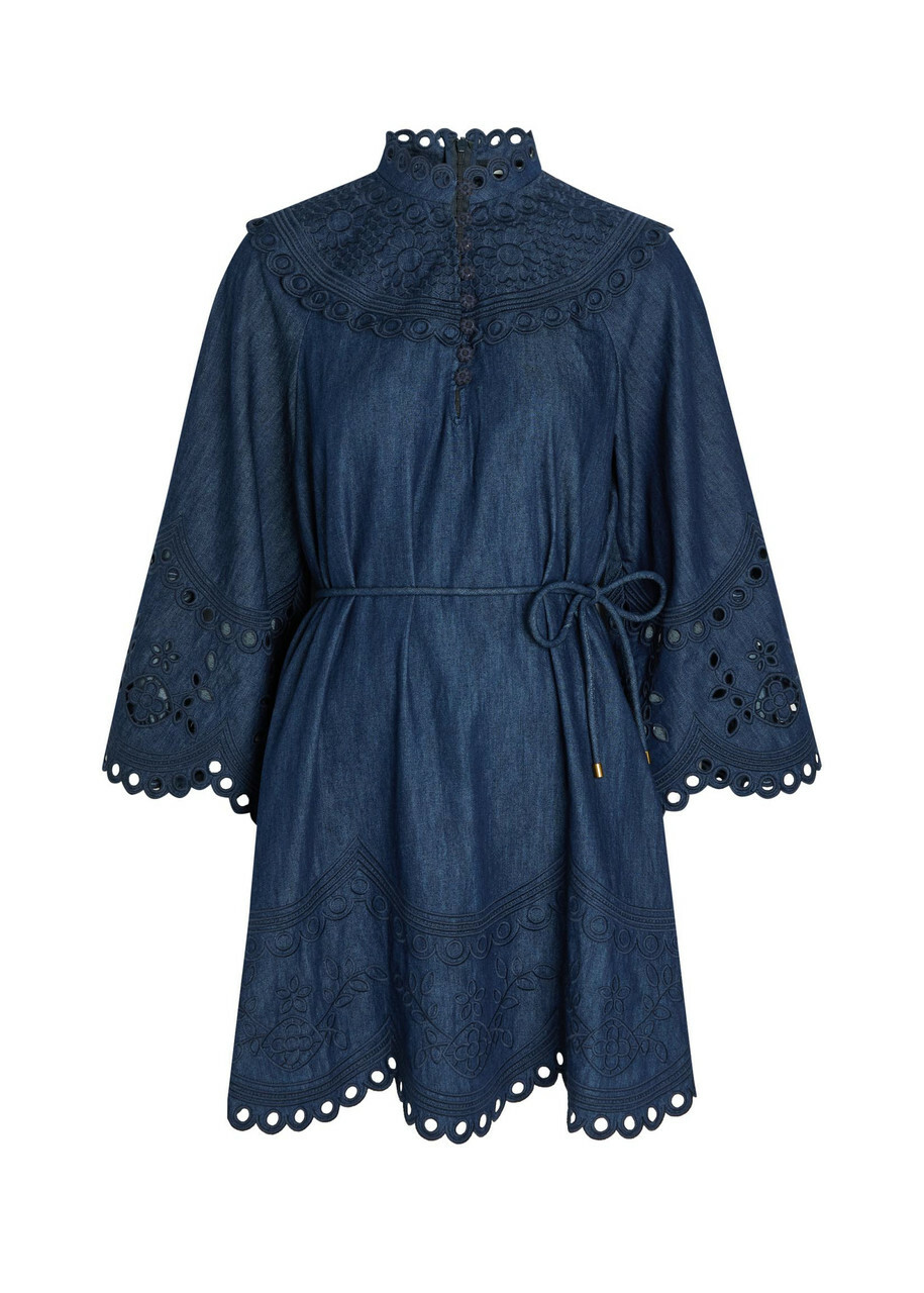 Zimmermann Mohon Broderie Anglaise Denim Mini Dress Navy