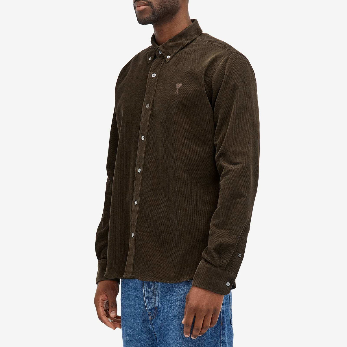 AMI Paris Men's Corduroy Tonal Heart Button Down Shirt in Dark Coffee