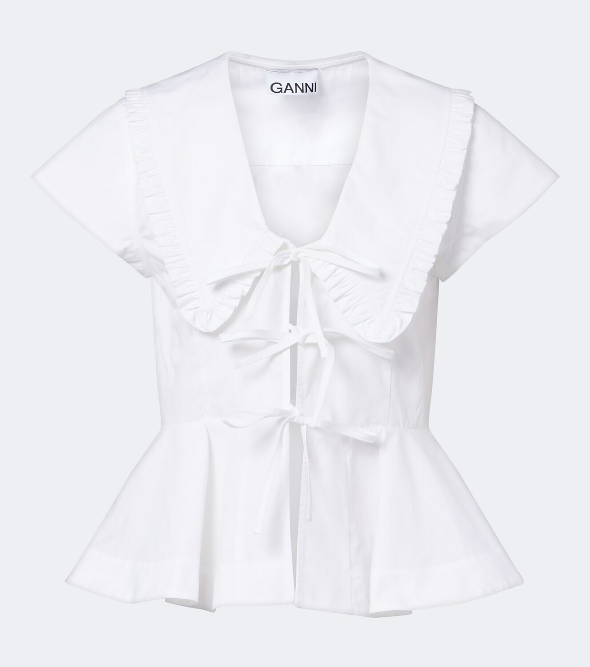Ganni Bow-detail peplum cotton poplin blouse