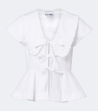 Ganni Bow-detail peplum cotton poplin blouse