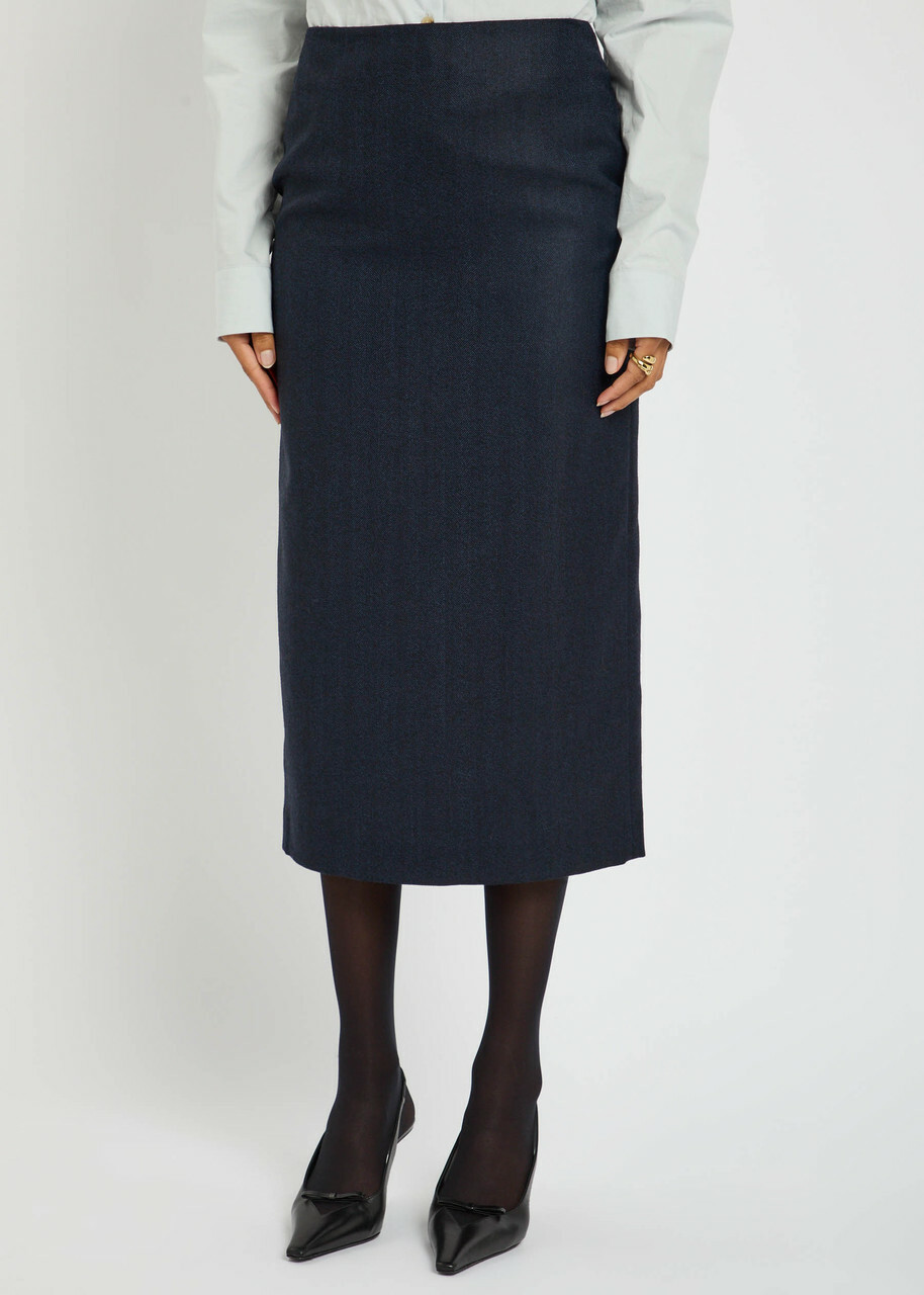 Blaze Milano Maine Sussex Longuette Wool Midi Skirt Dark Blue