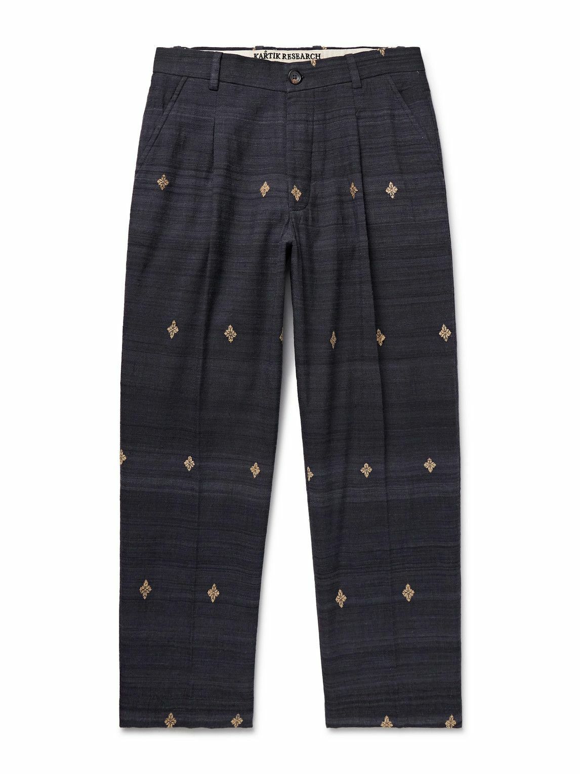 Kartik Research - Straight-Leg Pleated Embroidered Silk Trousers - Gray