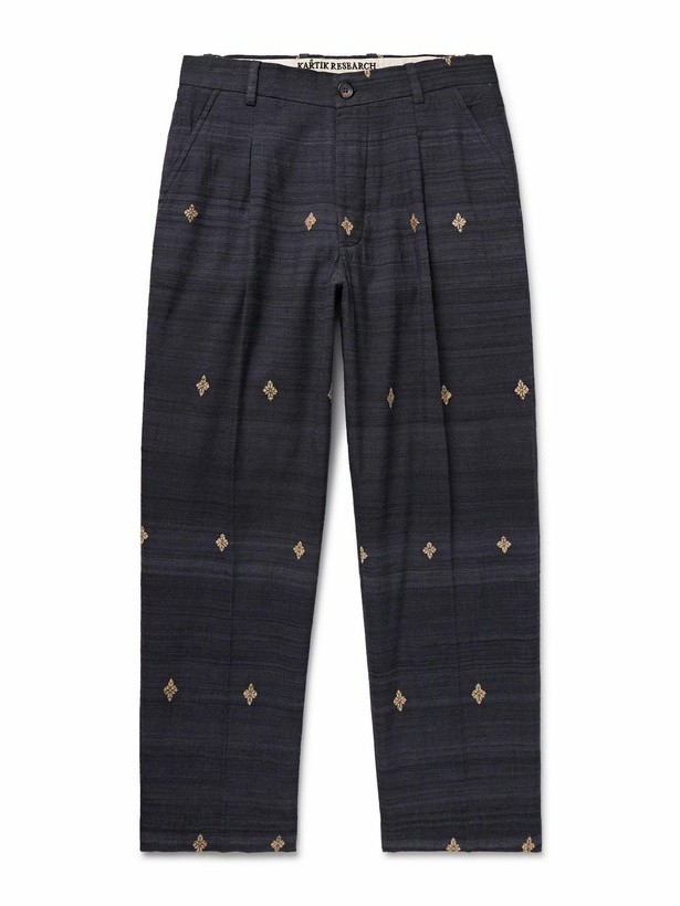 Photo: Kartik Research - Straight-Leg Pleated Embroidered Silk Trousers - Gray