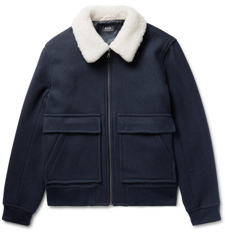 Photo: A.P.C. - Bronze Shearling-Trimmed Wool-Blend Jacket - Blue