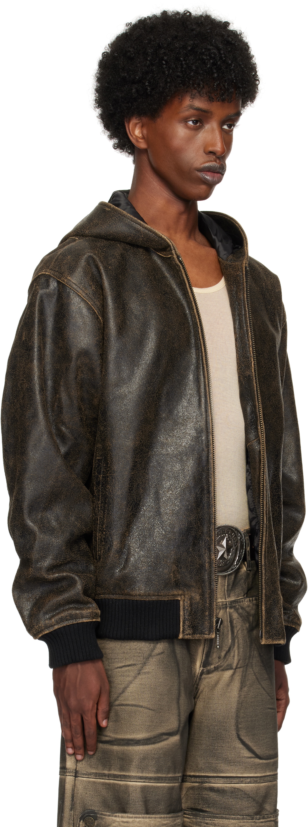 GUESS USA Brown Crackle Leather Hoodie GUESS