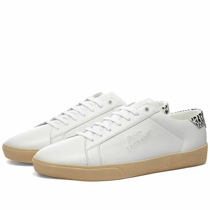 Photo: Saint Laurent Men's SL-06 Court Leather Signature Sneakers in White/Leopard